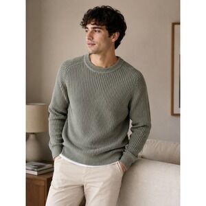Pact Mens Small Sage Green 100% Organic Cotton Ribbed Knit Crewneck Sweater